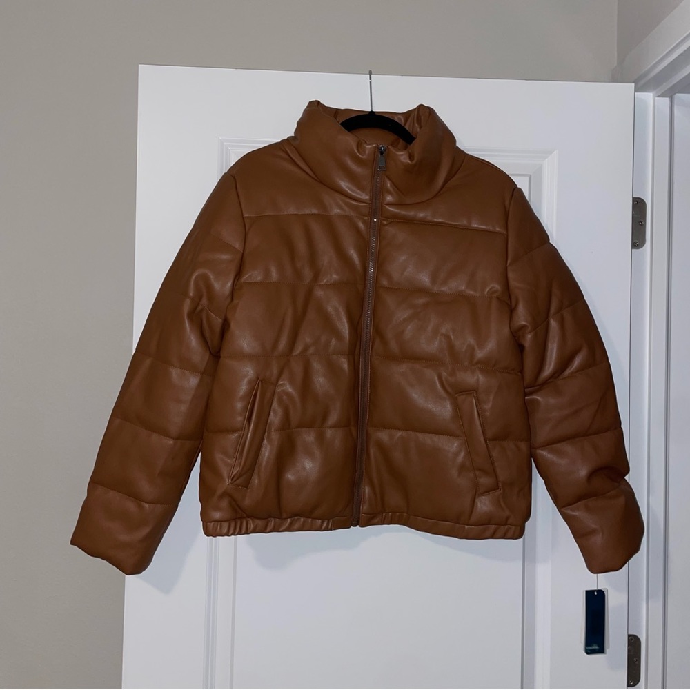 Brown faux leather puffer coat